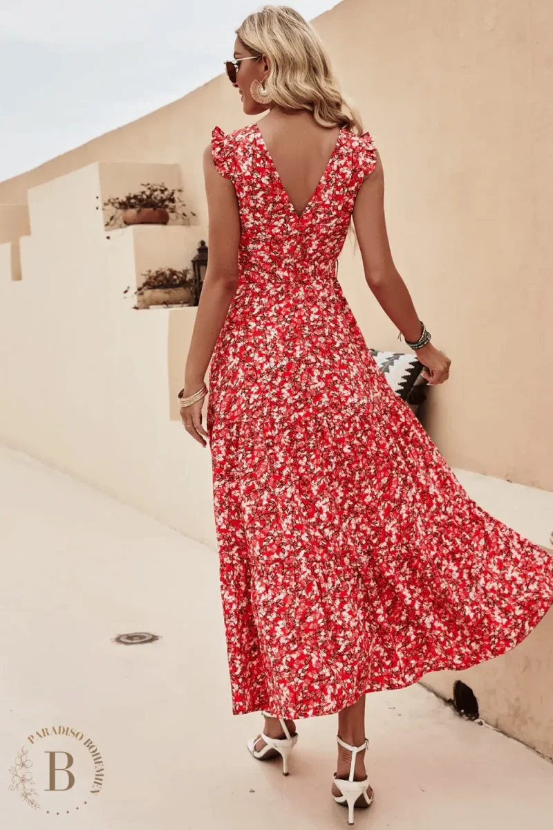Vestito Lungo Rosso a Fiori - immagine 4