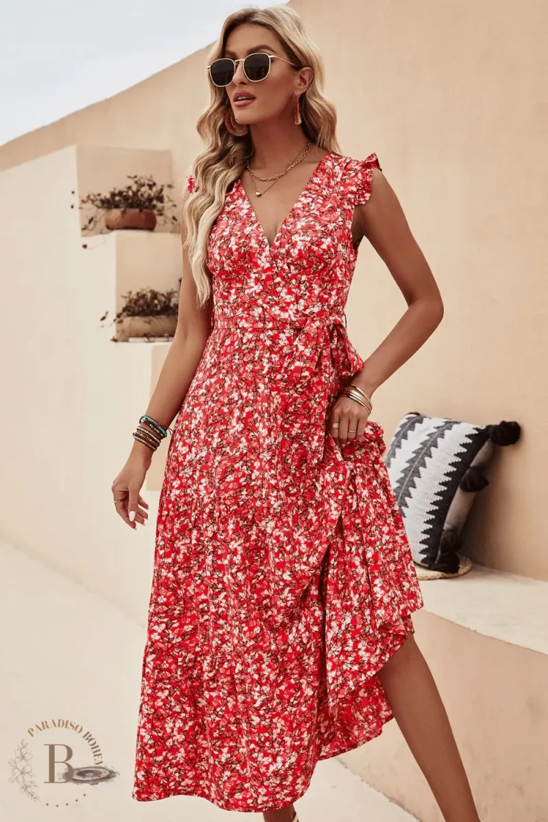 Vestito Lungo Rosso a Fiori - immagine 2