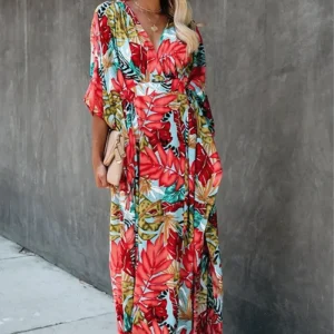 Vestito Lungo Colorato Estivo Multicolore Foglie - Boho Chic Maxi