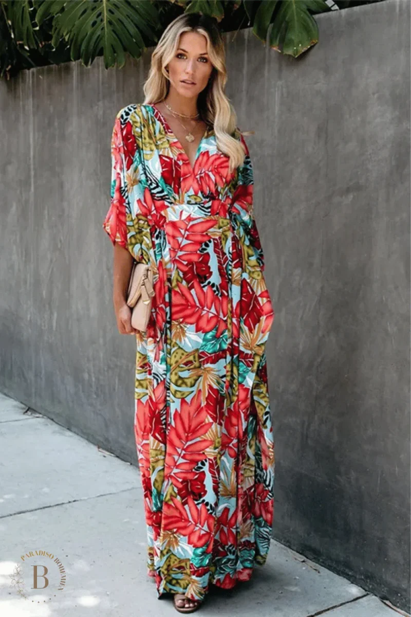 Vestito Lungo Colorato Estivo Multicolore Foglie – Boho Chic Maxi
