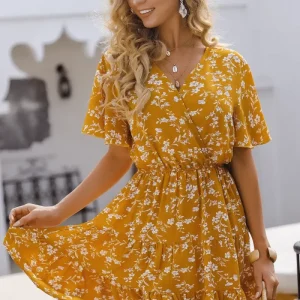 Vestito floreale boho giallo senape